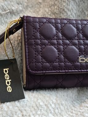 bebe Quilted Deep Purple Wristlet Clutch